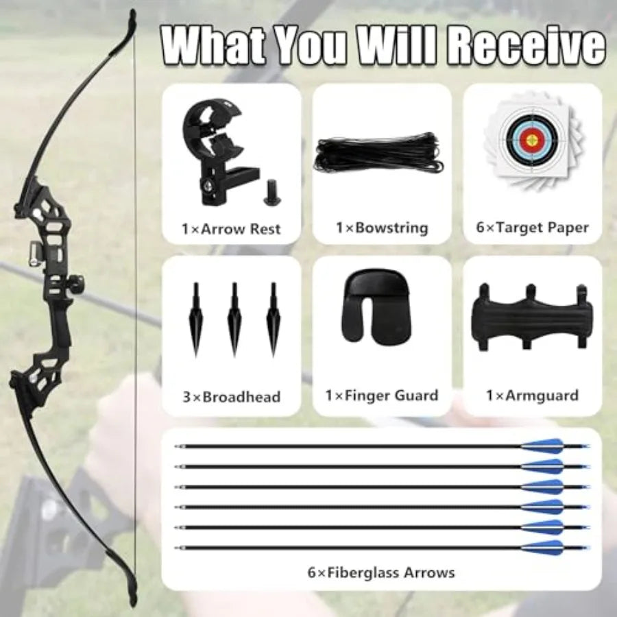Recurve Bow and Arrow Set for Adults, Carbon Arrows, Black, 3040lbs Right-Handed Archery Kit for Outdoor Target Practice