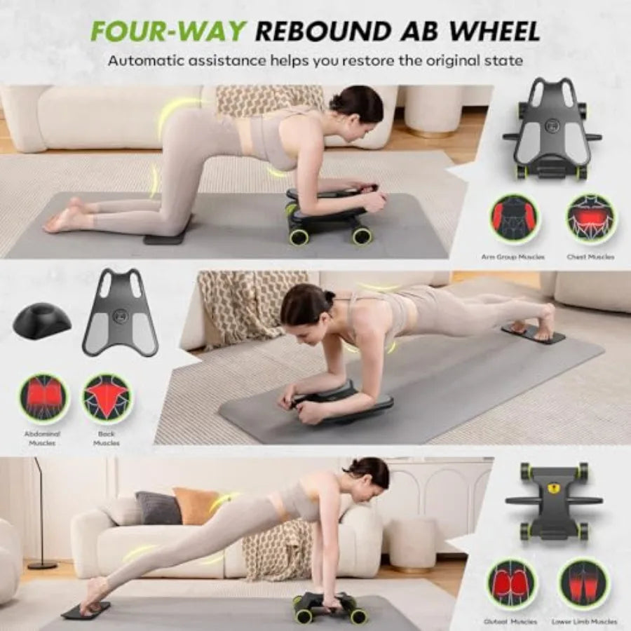 Ab Roller with Elbow Support for Core Workout 4-Wheel Mini Pilates Reformer Machine in Black Compact Home Gym Equipment for Abd