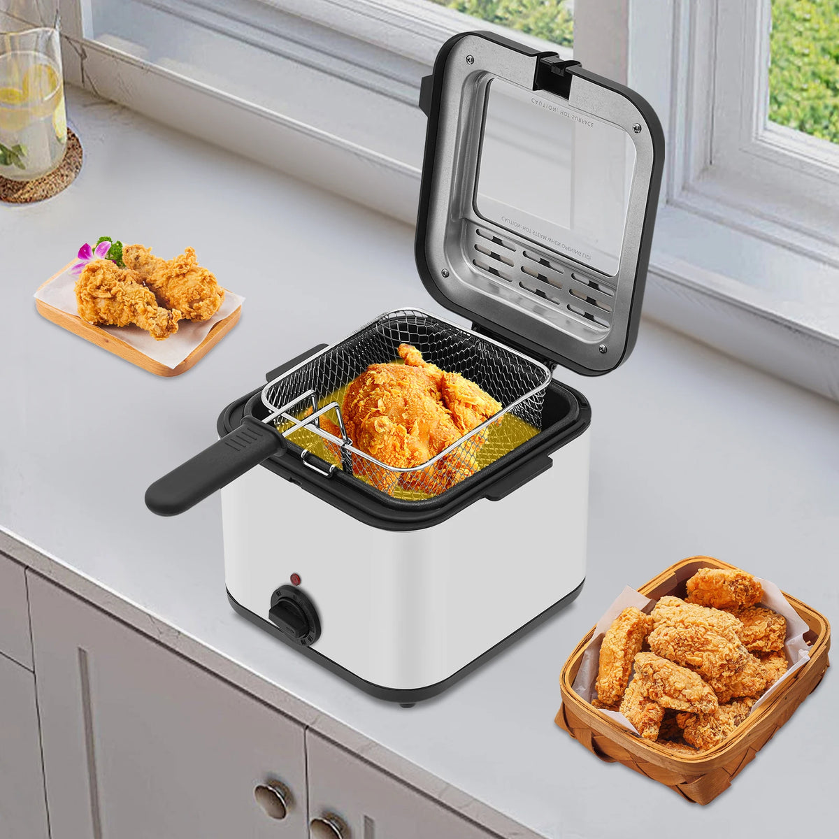 2.64Qt Stainless Steel Deep Fryer – 1000W – Adjustable Temp 176-374 ° F – Detachable Basket – Visual Lid – 3-Layer Insulation – 110V – for French Fries Chicken Home Kitchen – Silver Black