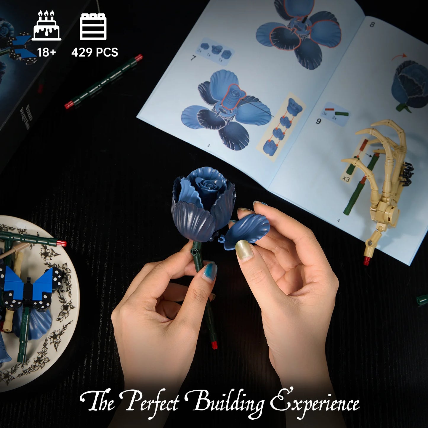 Corpse Bride Bouquet Building Blocks Set Blue Rose Flower Model Room Decoration Home Office Decor Gifts for Mother Day Valentine
