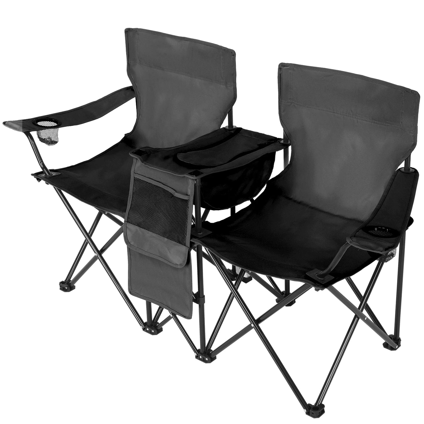 Portable Outdoor 2 Seat Folding Chair with Removable Sun Umbrella Steel Tube Oxford Fabric Heavy Duty for Fishing Black