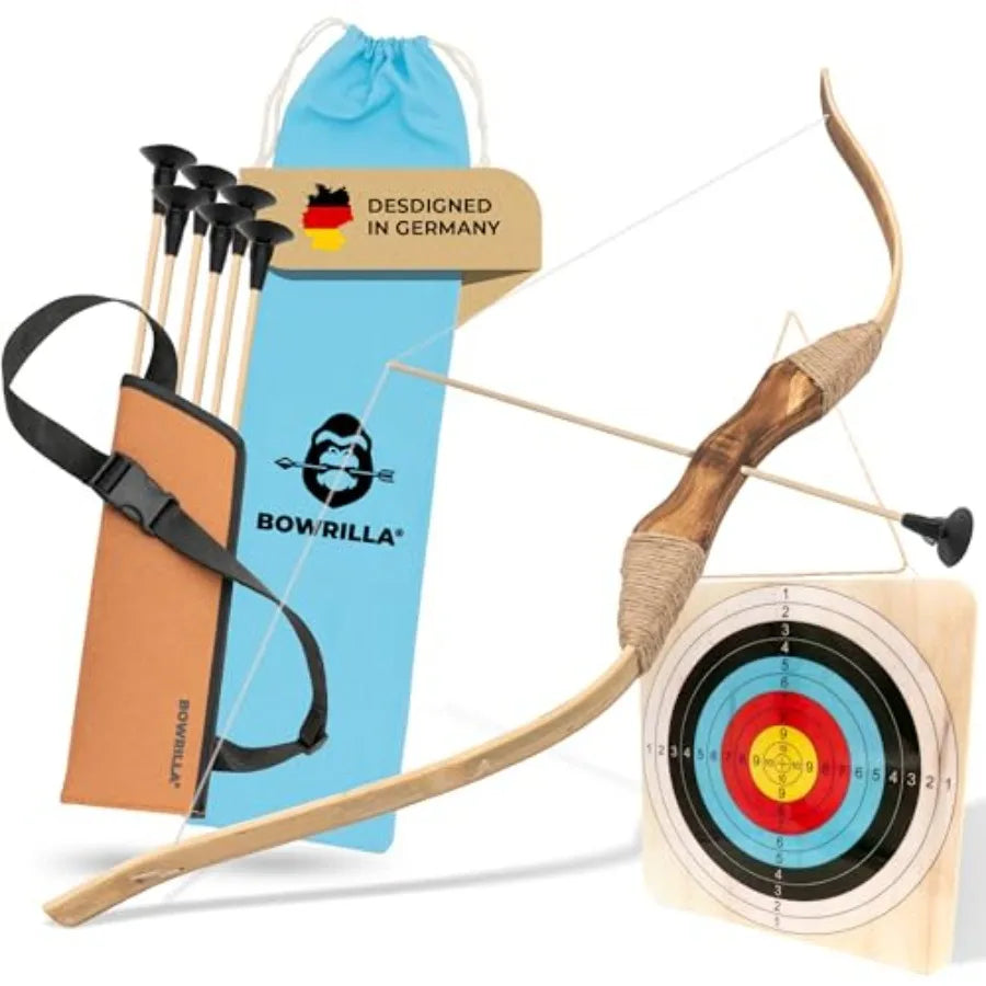 Bow and Arrow Set for Ages 4-8: Wooden Bow, Rainbow-Colored Arrows with Suction Cups, Includes Wooden Target and Fabric Quiver