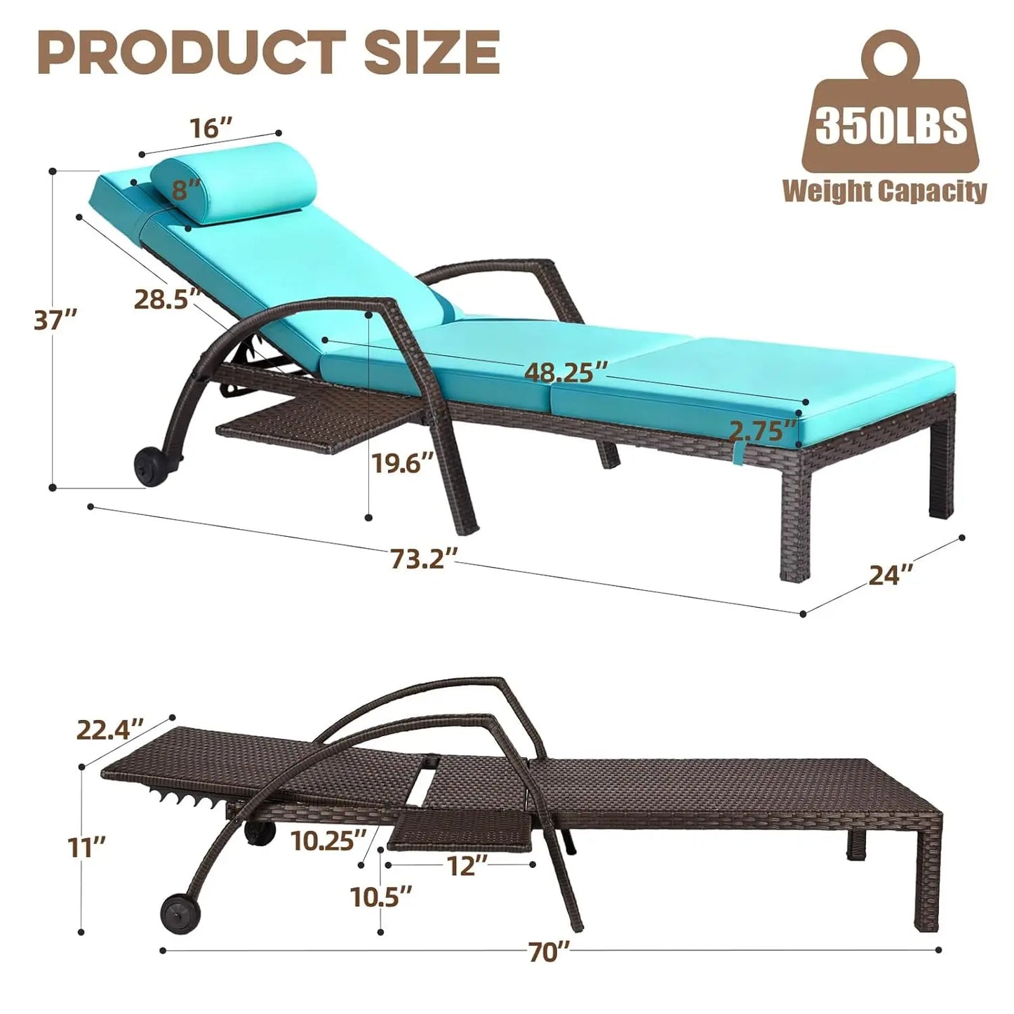 Patio Chaise Lounge Chairs Set of 2 Wicker Pool Lounge Chairs Outdoor with 5 Adjustable Back & Removable Cushion &, Customized