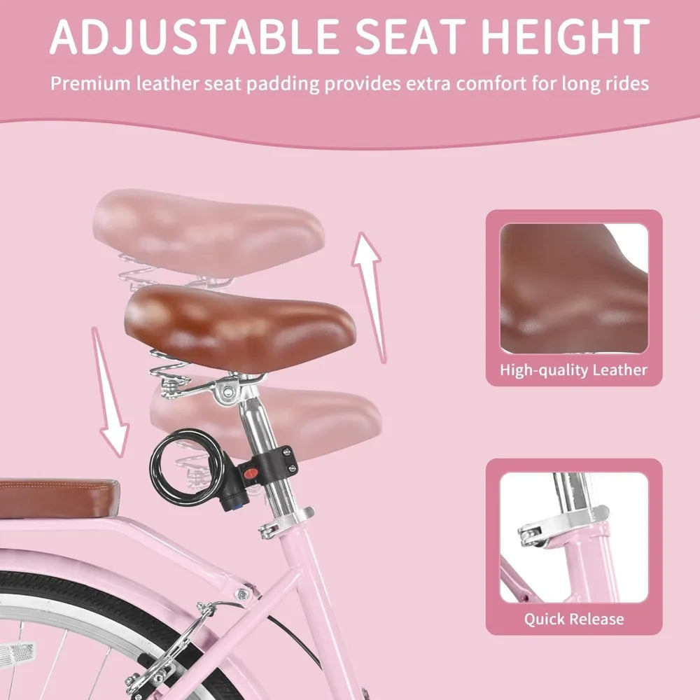 Beach Cruiser Bike for Women Folding Bikes, 7-Speed Womens Bike with Basket and Coffee Cup, Customized