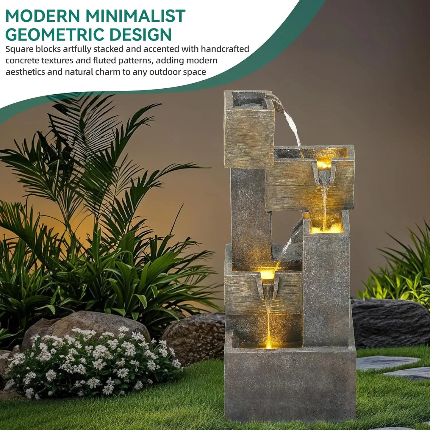 32.5" Modern Outdoor Water Fountain with LED Lights, 5-Tier Stacked Blocks for Garden, Patio, Backyard Relaxation