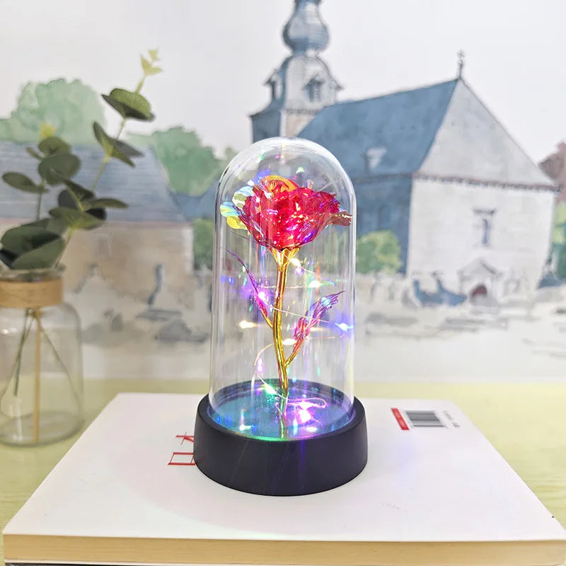 Artificial Glass Flower with Eternal Rose of the LED Light for Women Beauty and Beast Rose Birthday Gifts for Girls Christmas
