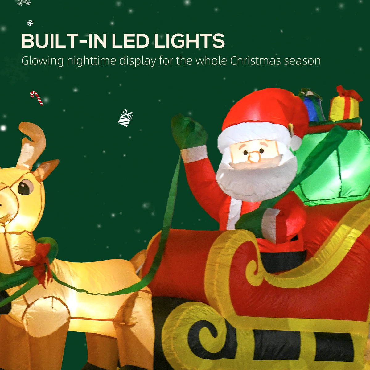 HOMCOM 8ft Long Christmas Inflatable Santa Claus with Sleigh and Reindeer, Outdoor Blow-Up Yard Decoration with LED Lights Display