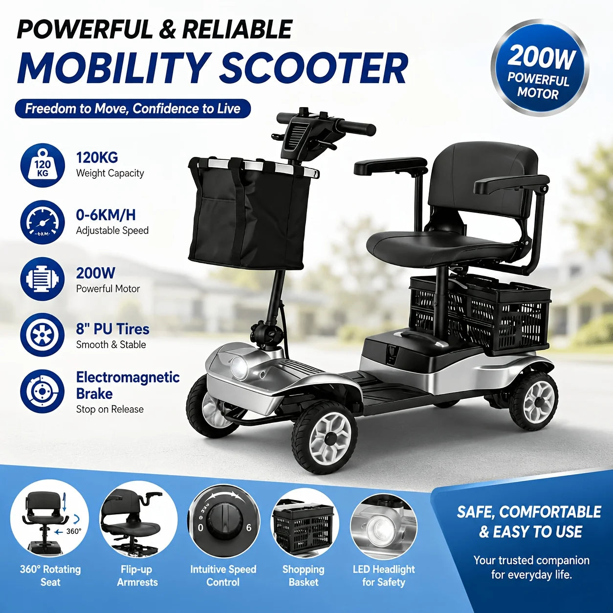 Senior Electric Mobility Scooter, Ergonomic Handle, Electromagnetic Brake, LED Light, Shopping Basket, 120kg Load, Safe Travel