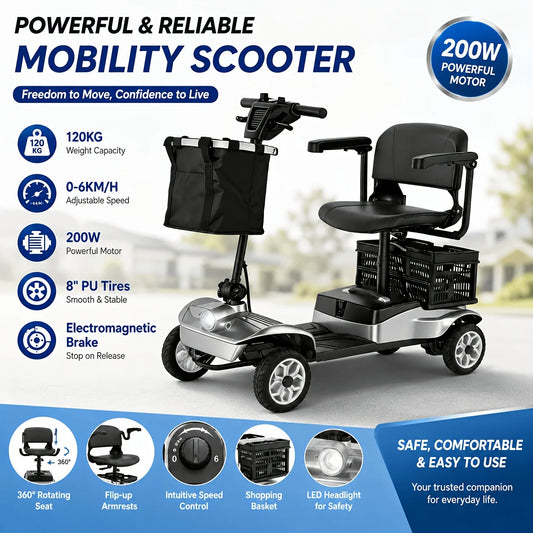 Senior Electric Mobility Scooter, Ergonomic Handle, Electromagnetic Brake, LED Light, Shopping Basket, 120kg Load, Safe Travel