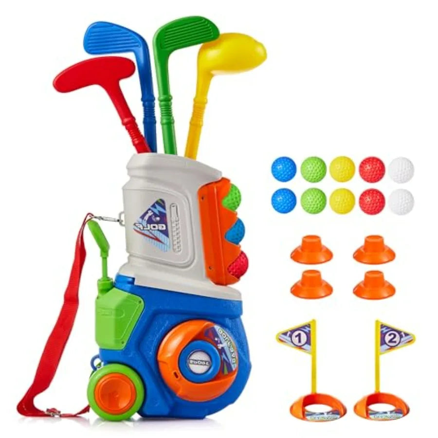 Toddler Golf Set, Plastic Golf Clubs Ages 1 2 3 4 5 Years Old with 4 Golf Clubs and 10 Balls, Indoor and Outdoor Golf Toys Cart