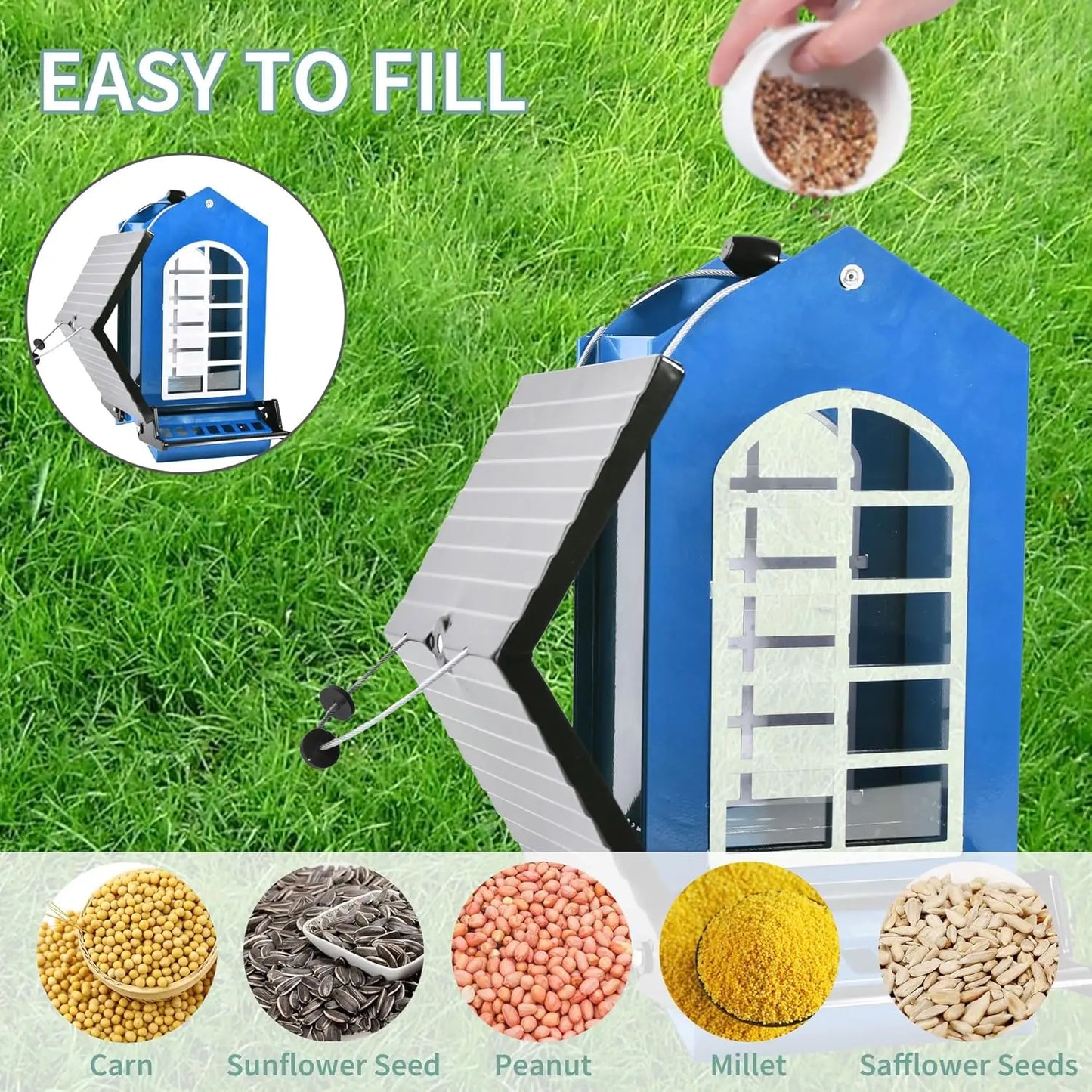 Squirrel Proof Metal Hanging Bird Feeder, 5LBS Capacity with Weight-Activated Perches for Outdoor Wild Birds - Blue