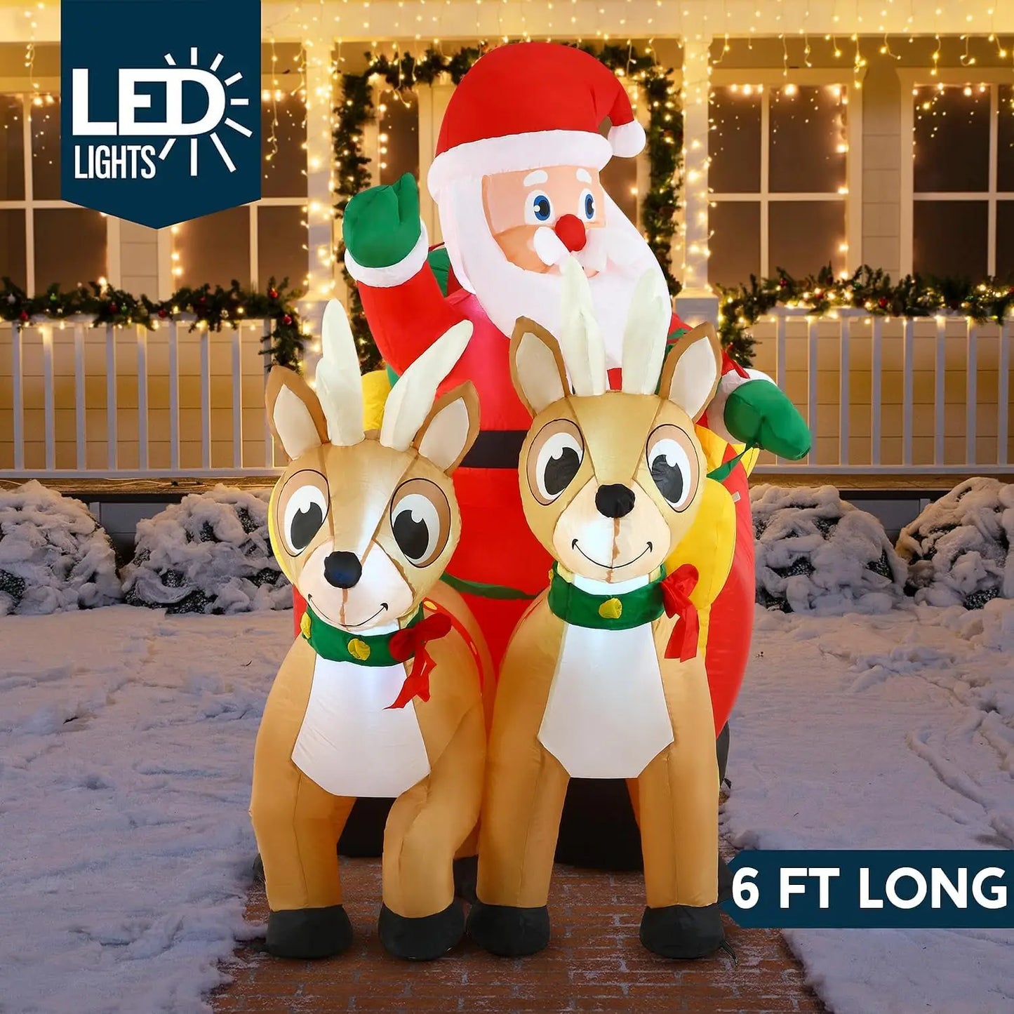 JOYFY 6 FT Long Christmas Santa on Sleigh with 2 Reindeer Inflatable Christmas with Build-in LED for Xmas Party Lawn Decorations
