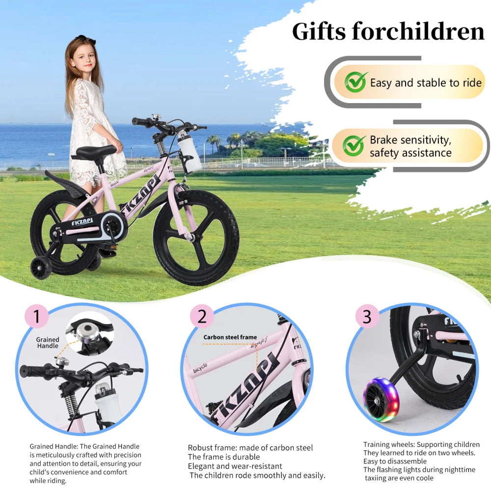 Ye FKZNPJ 16-Inch Kids Bike - High Carbon Steel Frame, Magnesium Alloy Wheels, Night Glow Training Wheels, Adjustable Seat, Water Bottle - Bicycle for Girls & Boys Ages 3 - 9, Toddler Bike