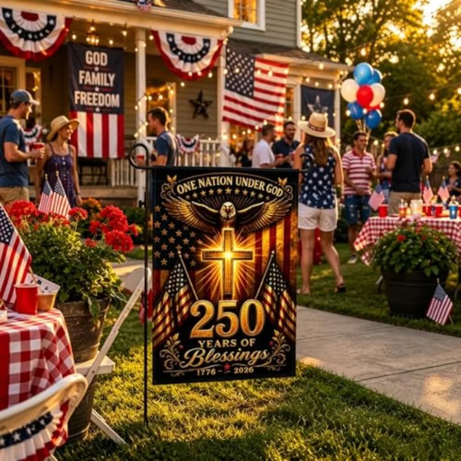 250 Anniversary USA Garden Flag, 250th Anniversary America Flag Double-Sided Waterproof Patriotic Eagle Cross Flag Christian Ou