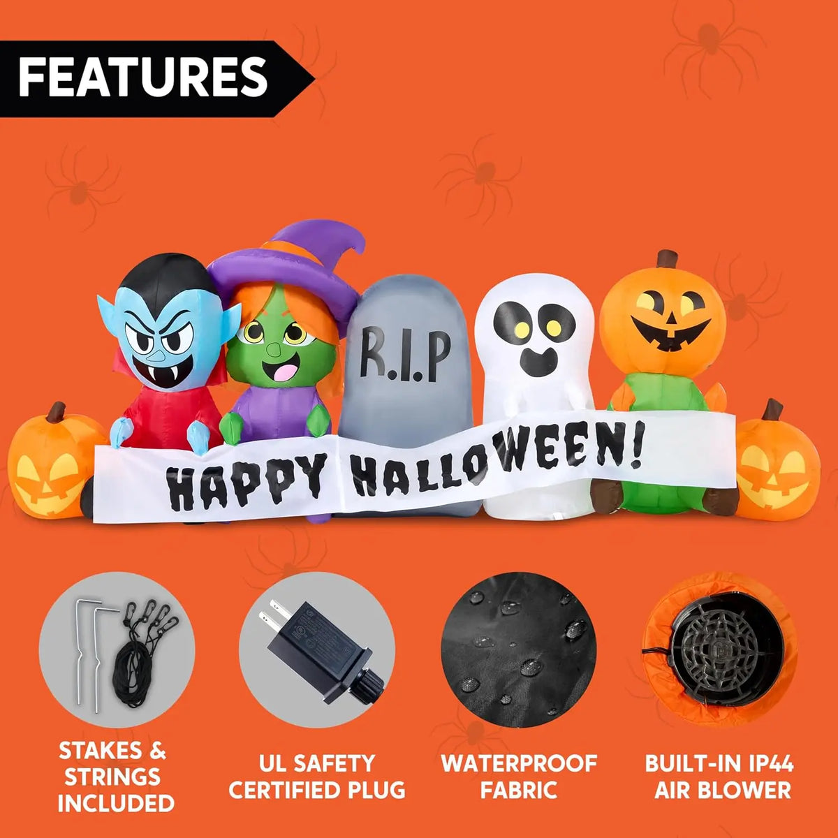 8 FT Long Inflatable Halloween Decor Outdoor, Halloween Blow Up Decorations Inflatable Pumpkin Ghost Vampire Witch Tombstone with LEDs for Yard Decorations