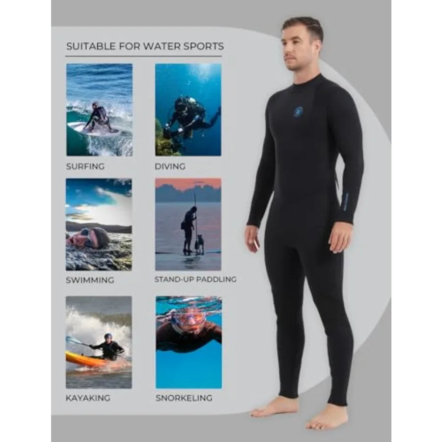 Men's wetsuit for diving, snorkeling, surfing, swimming; neoprene; black; front zip, 3/2mm and 5/4mm thickness
