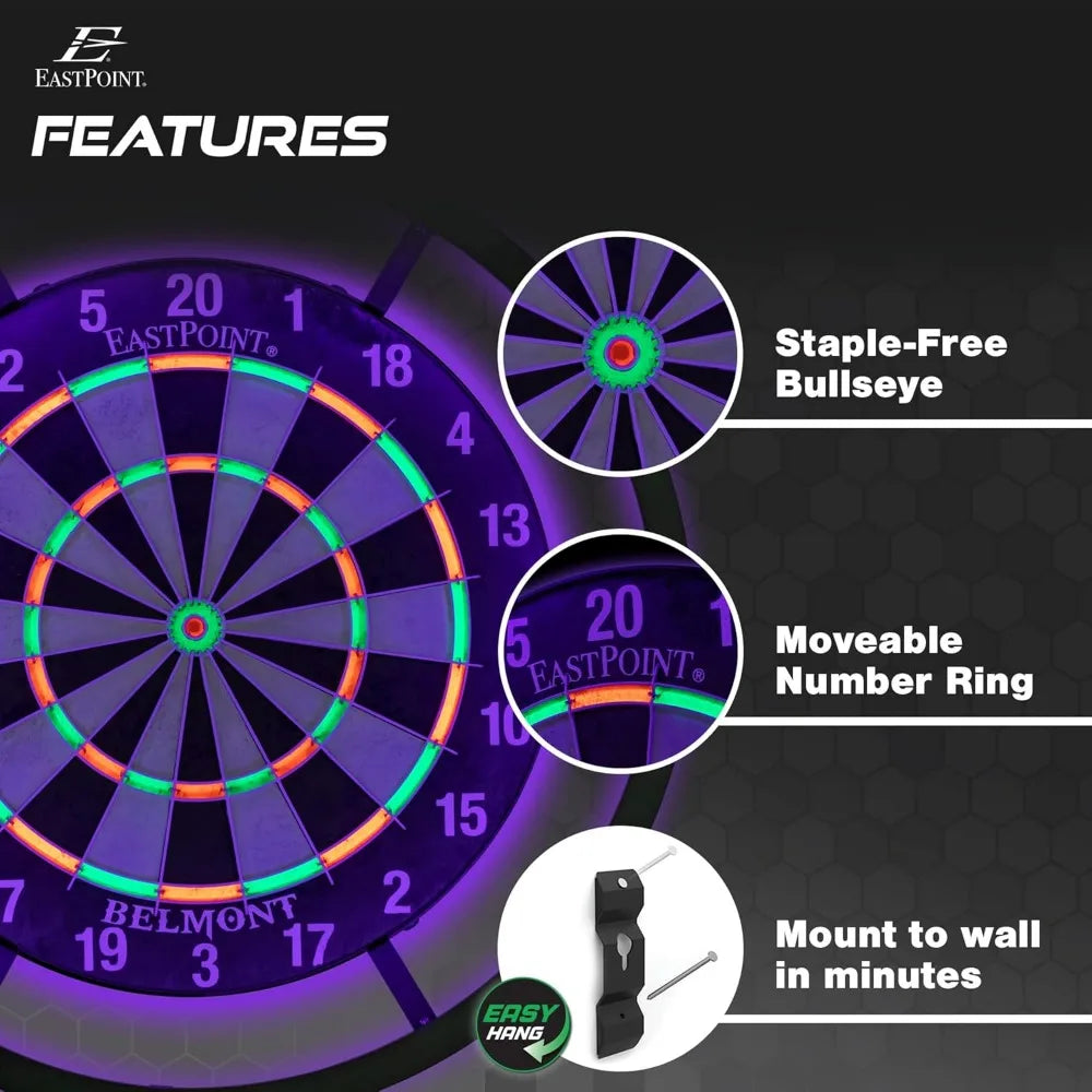 EastPoint Blacklight Dartboard - Official Size Bristle Dartboard with Glowing Segments and Dart Flights