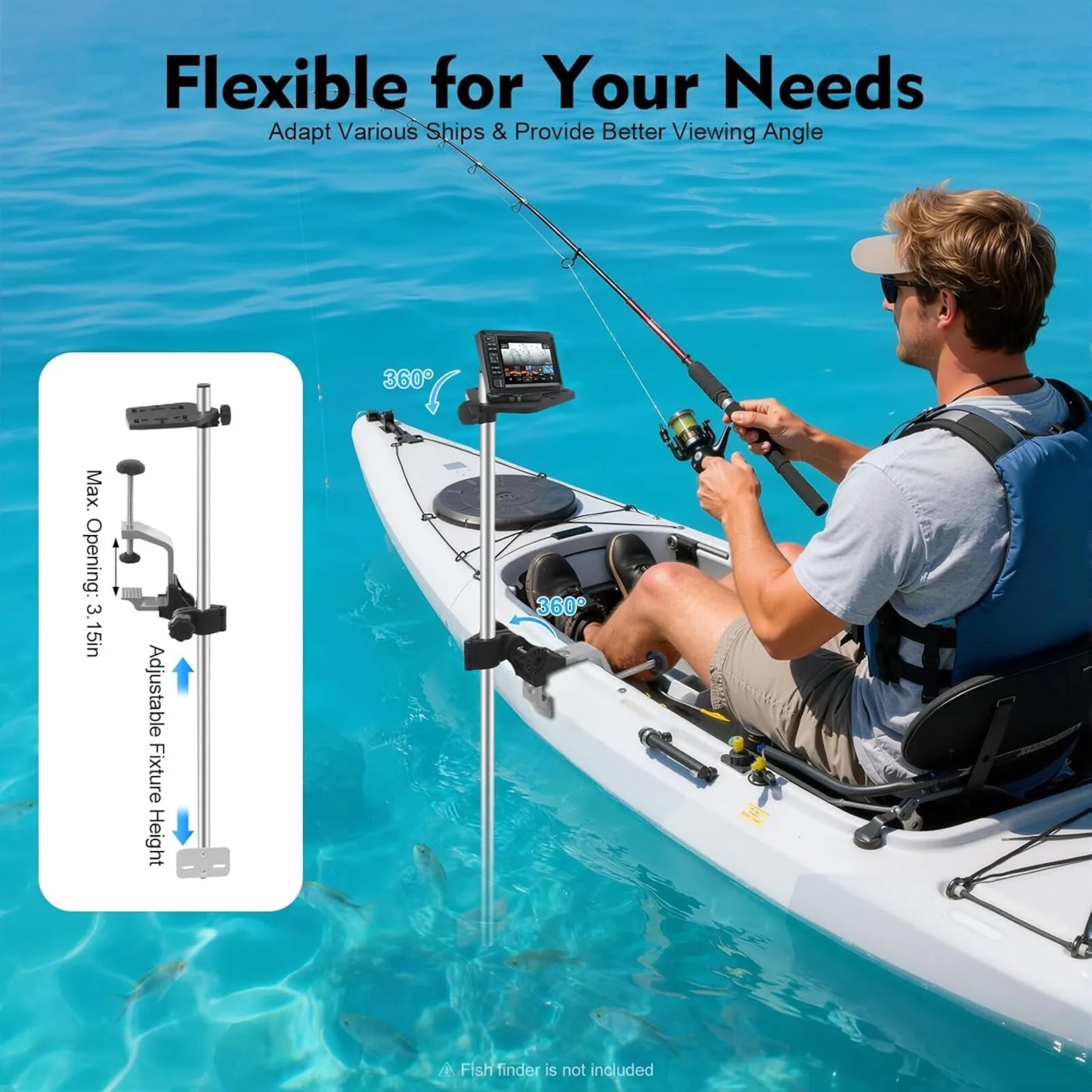 Portable 360° Adjustable Transducer Mount Bracket, Universal Fish Finder Holder for Boat, Canoe & Kayak, 31.5" Height