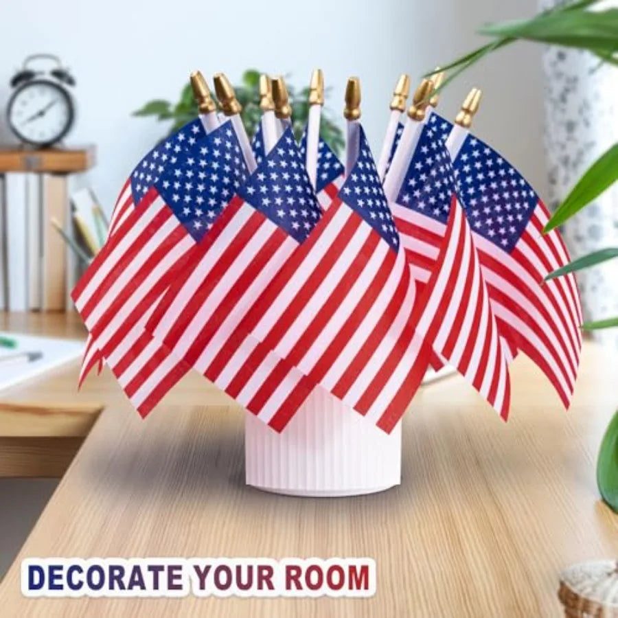 150 Pack Small American Flags on Stick, 8x12 Inch Mini US Hand Held Wooden Stick Flags with Spear Top, 4th of July Independence