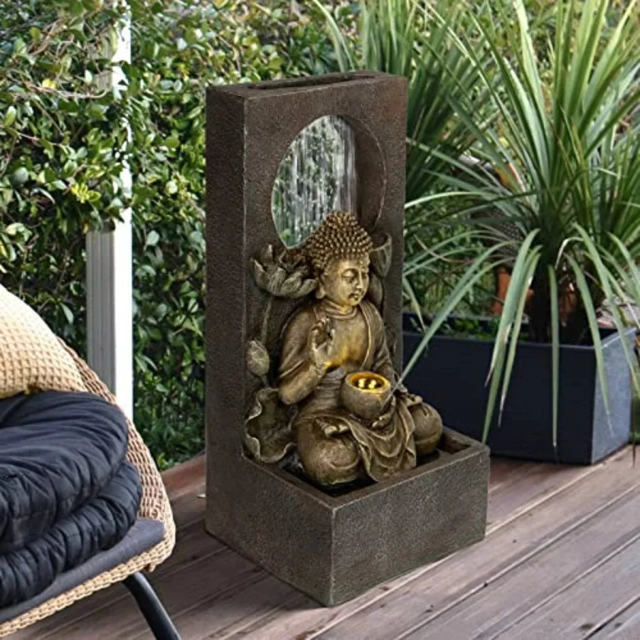 Buddha Waterfall Fountain Outdoor Freestanding Relaxing Water Fountain Asian Zen Fengshui Patio Garden Backyard Decking Home De