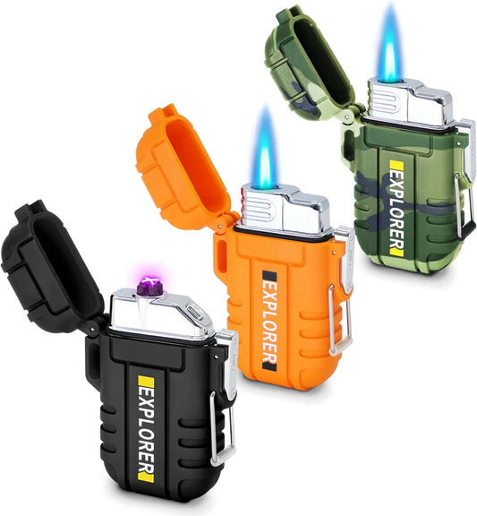 3 Pack Waterproof Windproof USB Rechargeable & Butane Torch Lighters for Camping Hiking Survival Gear