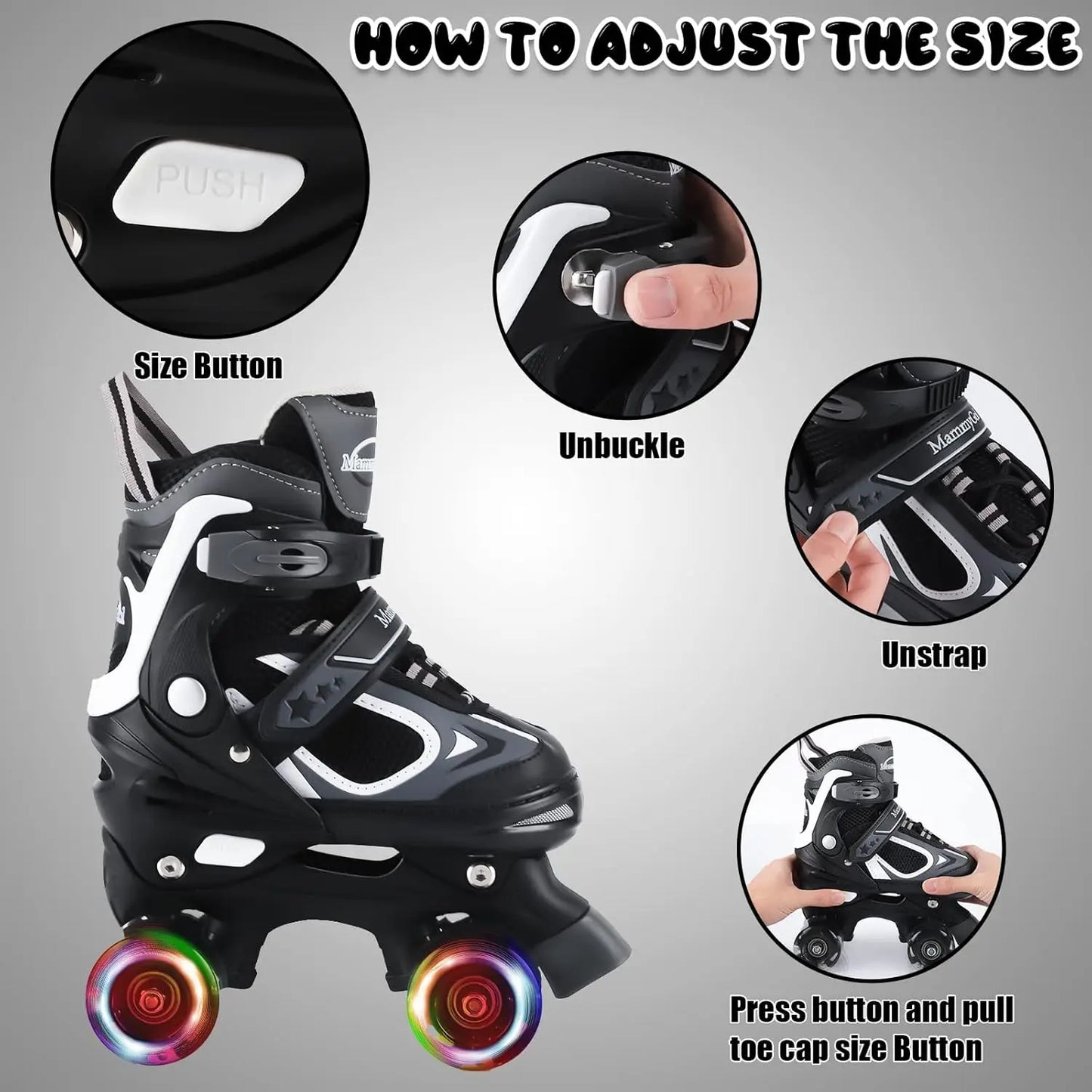 Adjustable Kids Roller Skates with Light-Up Wheels, 4 Sizes for Boys Girls Beginners Indoor Outdoor Fun
