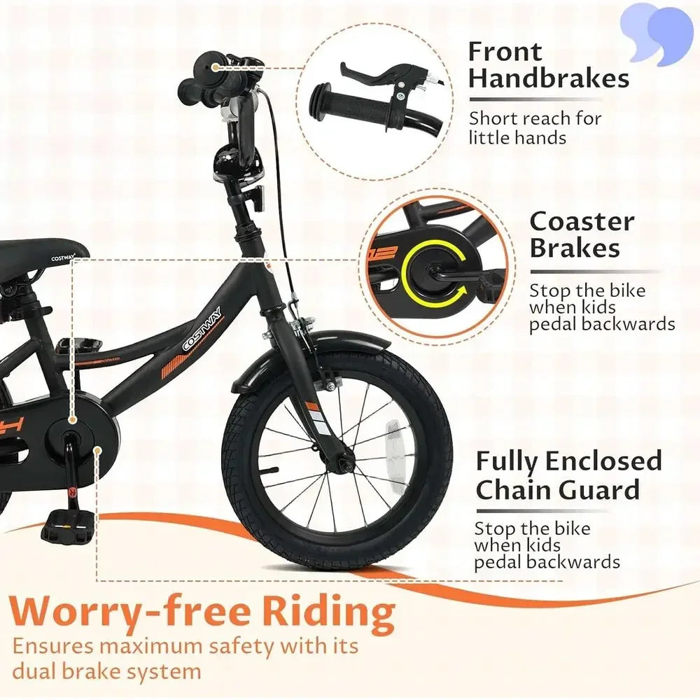 14 Inch Kids' Bike with Training Wheels, Dual Brakes, Adjustable Seat & Handlebar for Ages 3-8 (Black)