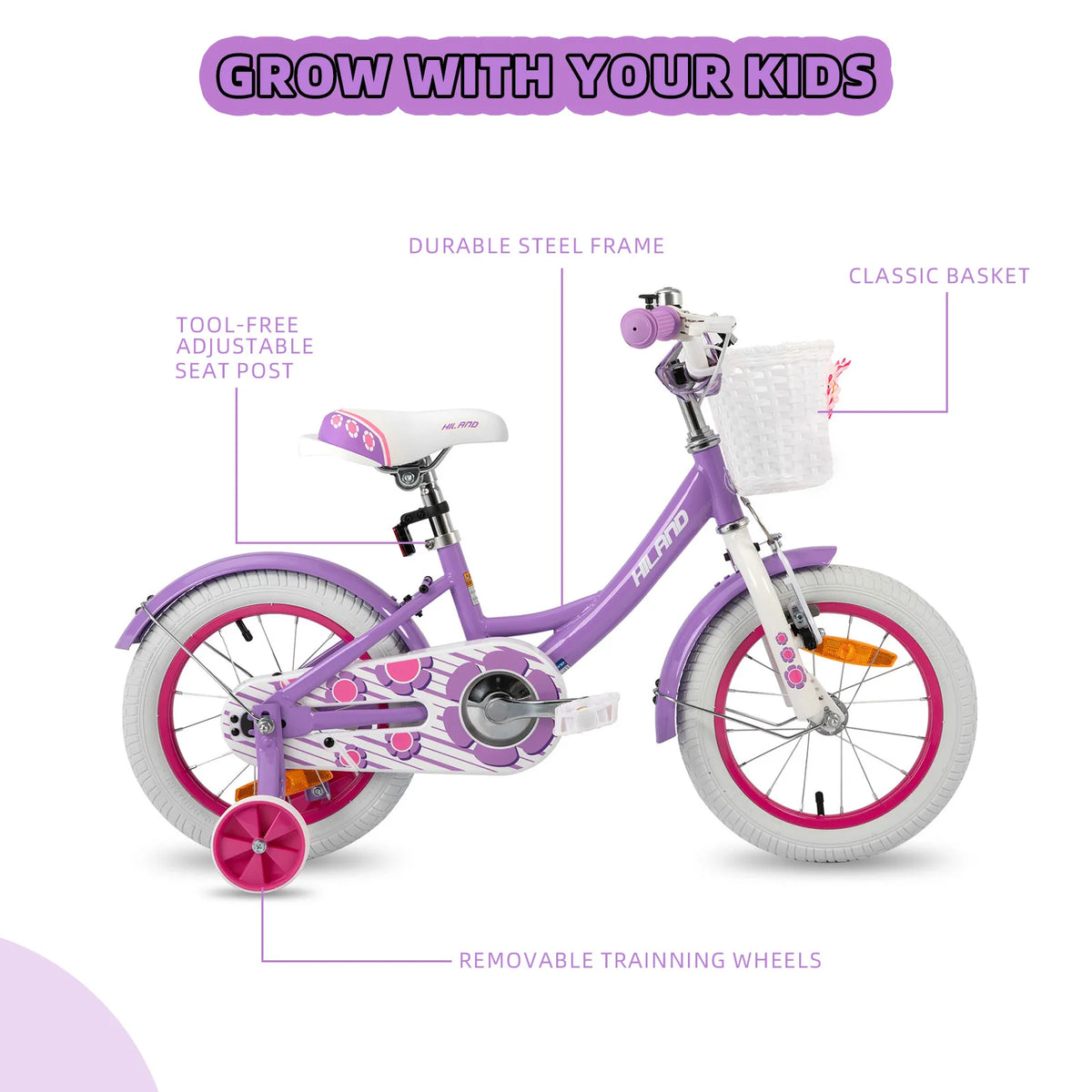 Hiland 12/14/16 Inch Children's Bicycle, 3-7 Years Girls Bicycle with Basket Stabilisers, Various Colours