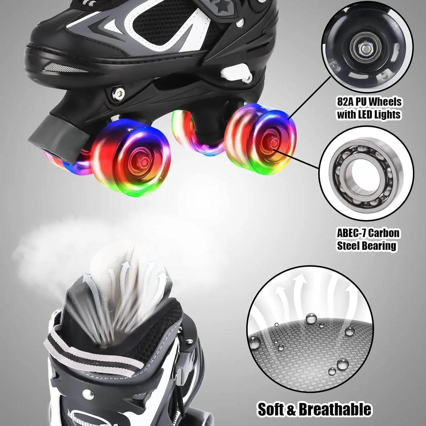 Adjustable Kids Roller Skates with Light-Up Wheels, 4 Sizes for Boys Girls Beginners Indoor Outdoor Fun