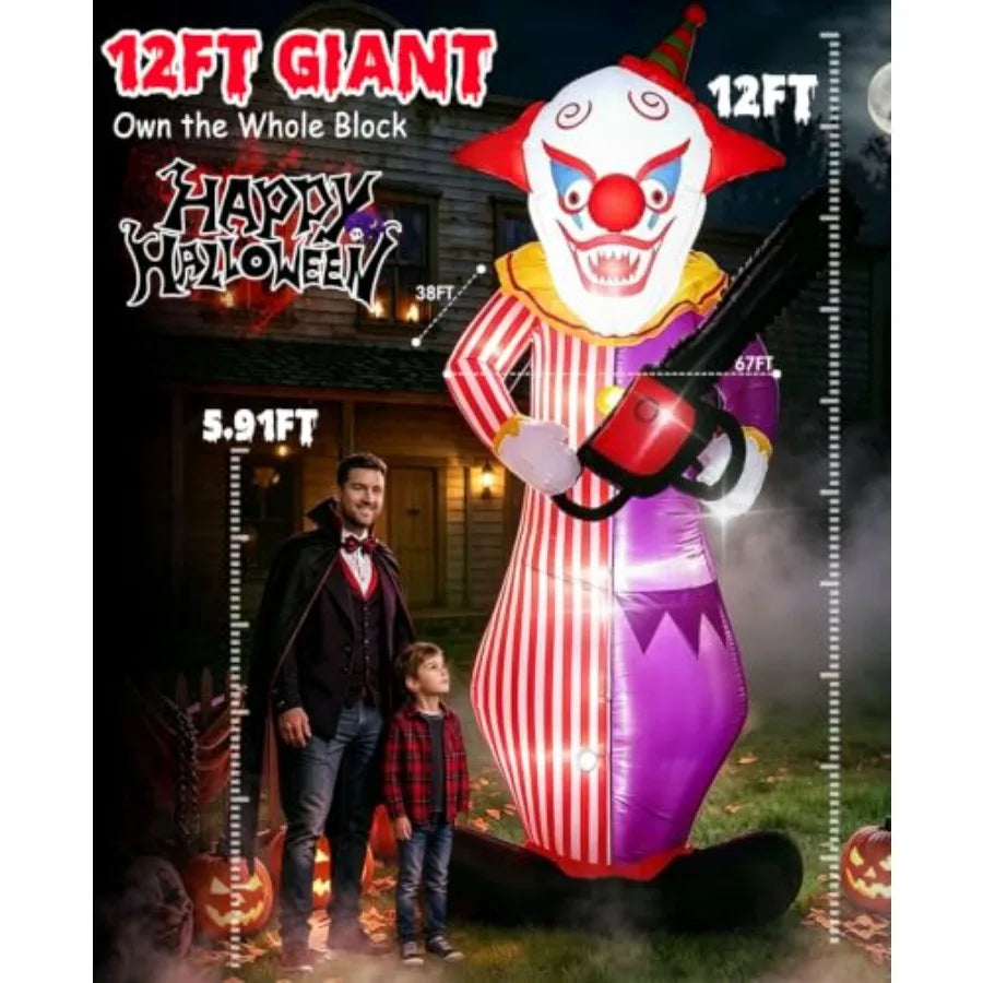 Outdoor Halloween inflatable decoration: PVC, white and red, motion-activated screaming clown with LED lights, 12FT tall for ya