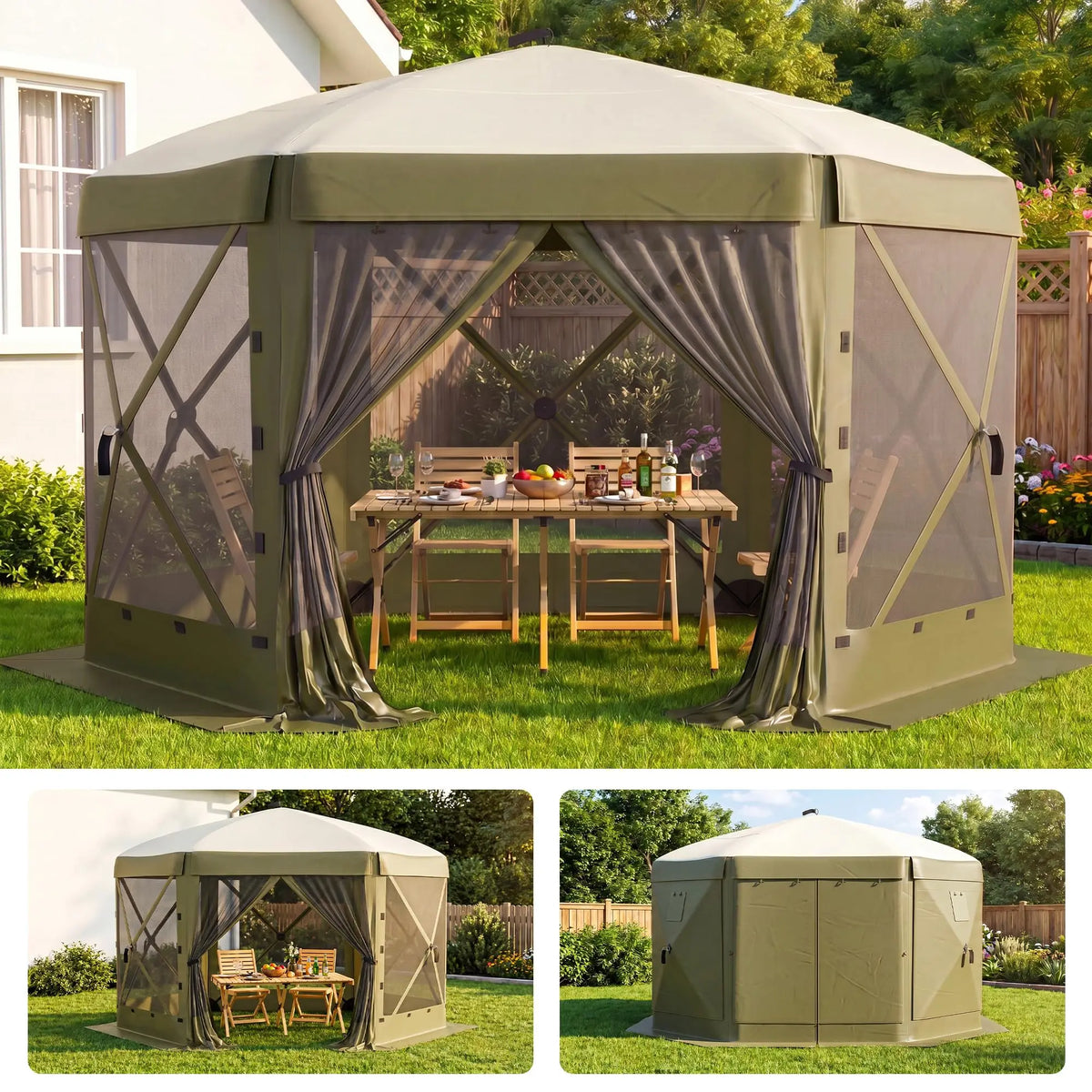11x11FT Pop Up Gazebo Screen Tent, 6-Sided Mesh Canopy With Removable Wind Walls, One-Push Outdoor Shelter For Camping Party Patio
