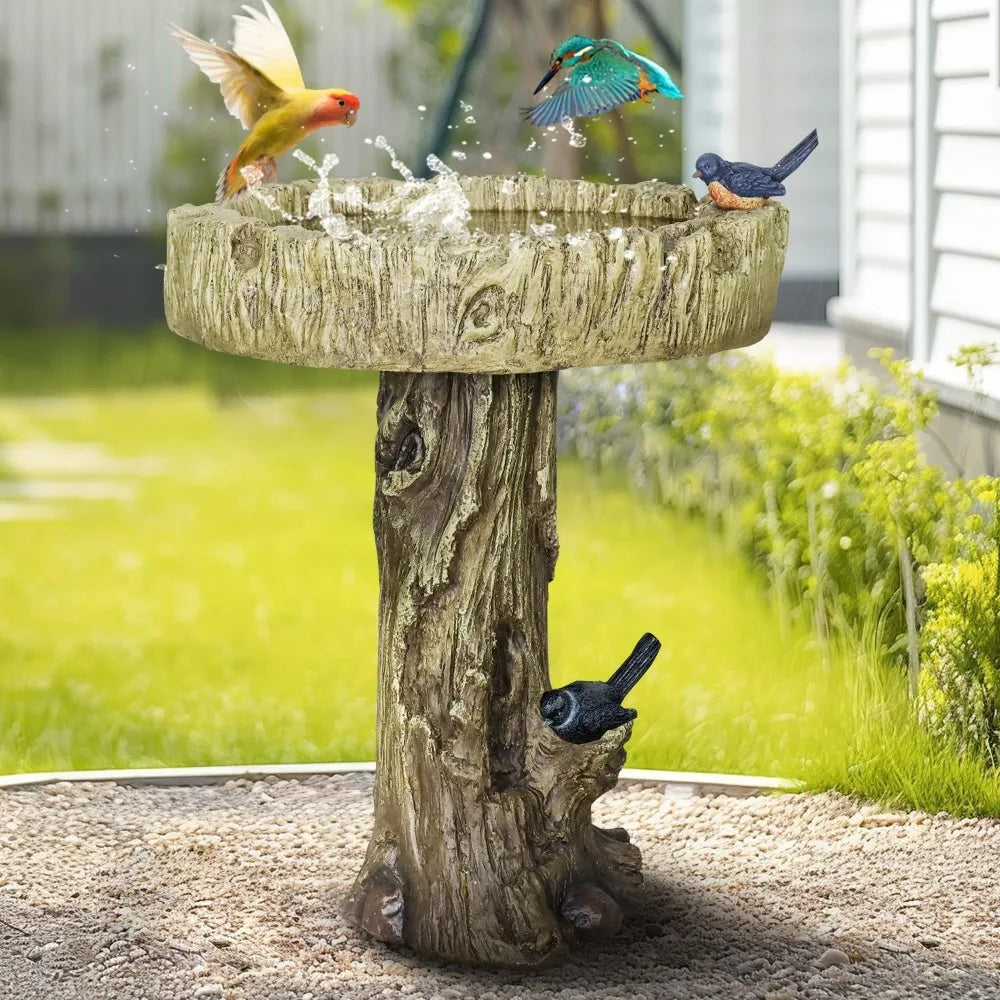 24.4 Inch Heigh Wood-Look Concrete Bird Bath with Decorative Faux Bird, birdbath Rustic & Long-Lasting Design