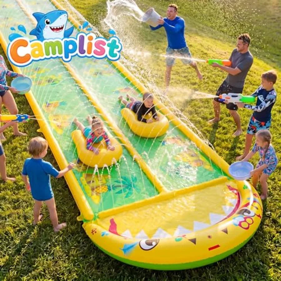 Outdoor backyard water slide for adults and kids, heavy duty PVC, yellow and green, 40×5.9FT with 3-way sprinkler and 2 boards