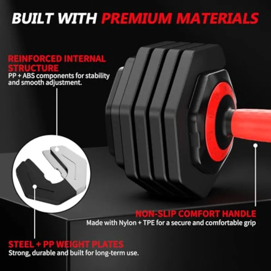 Adjustable Dumbbell Set Pair 25 lb or 50lb, 10-in-1 Free Weight for home gym use, steel construction, black with chrome accents