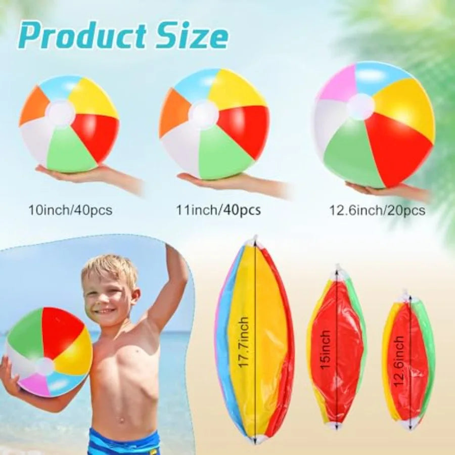 Beach party supplies: inflatable beach balls 10'', 11'', 12.6'',rainbow-colored PVC, lightweight durable, ideal for summer pool