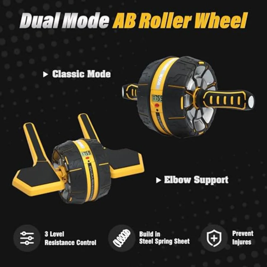 Ab Roller Wheel with Elbow Support for Core Workout Spring Steel Sheet 3 Resistance Levels Dual Mode Automatic Rebound System B