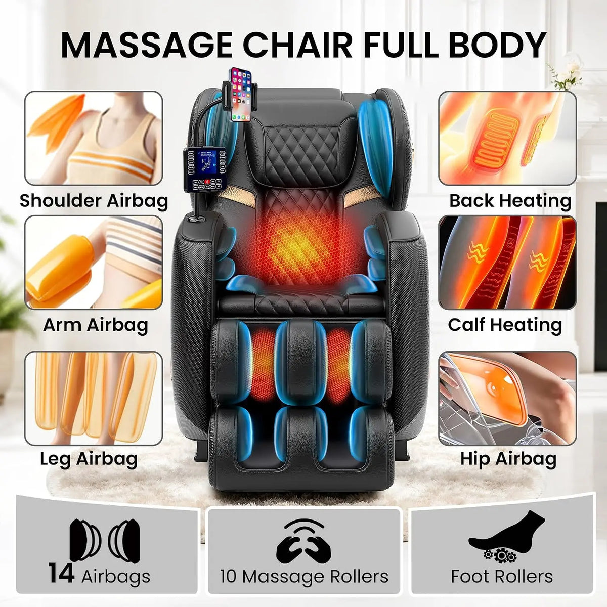 Massage Chair Full Body and Recliner, Zero Gravity Massage Chairs, 10 Fix Rollers, Airbags, Heating, Foot Massage,, Customized