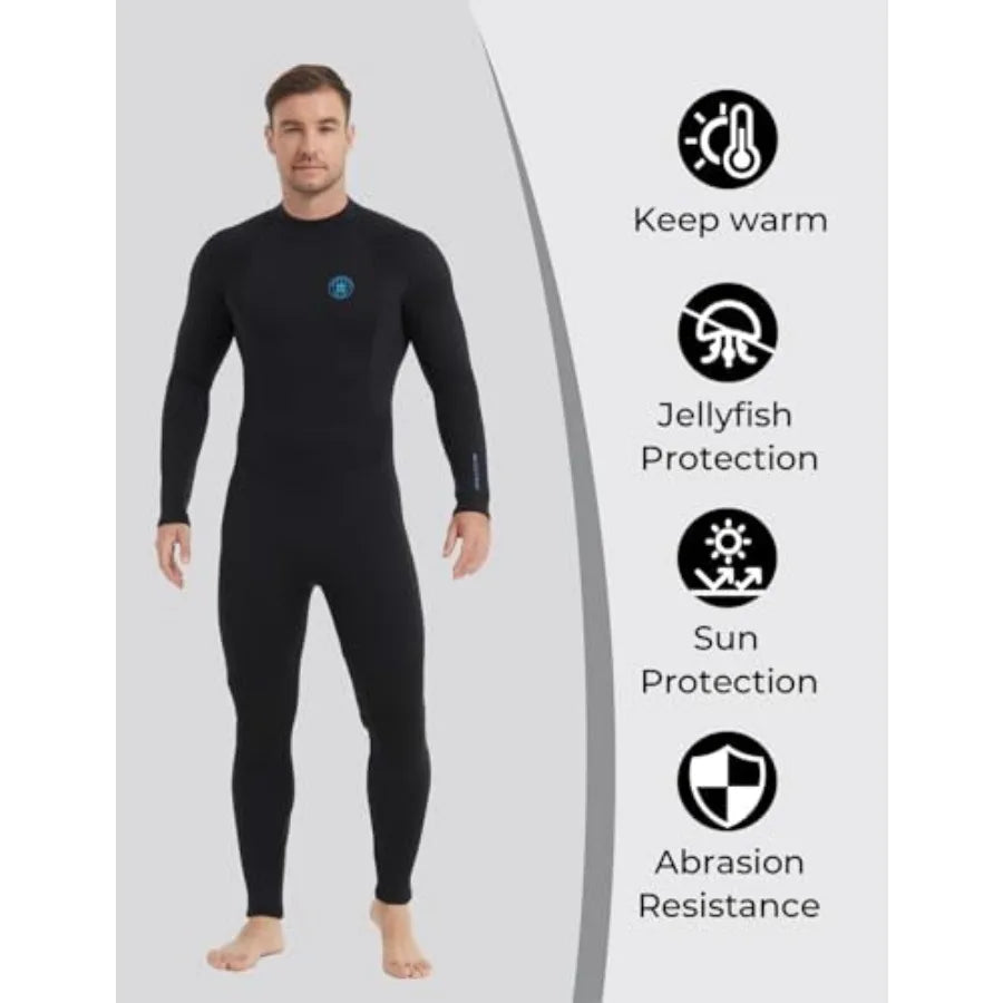 Men's wetsuit for diving, snorkeling, surfing, swimming; neoprene; black; front zip, 3/2mm and 5/4mm thickness