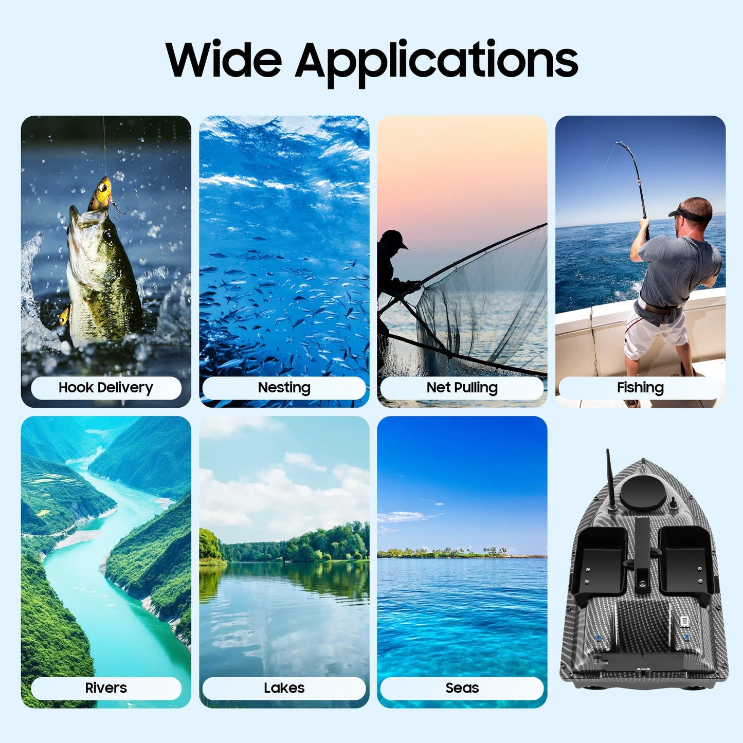 52W Fishing Bait Boat RC Fishing Boat Bait Boat Remote Control for Surf Fishing w/ LCD Screen 9.84*19.69*5.9in