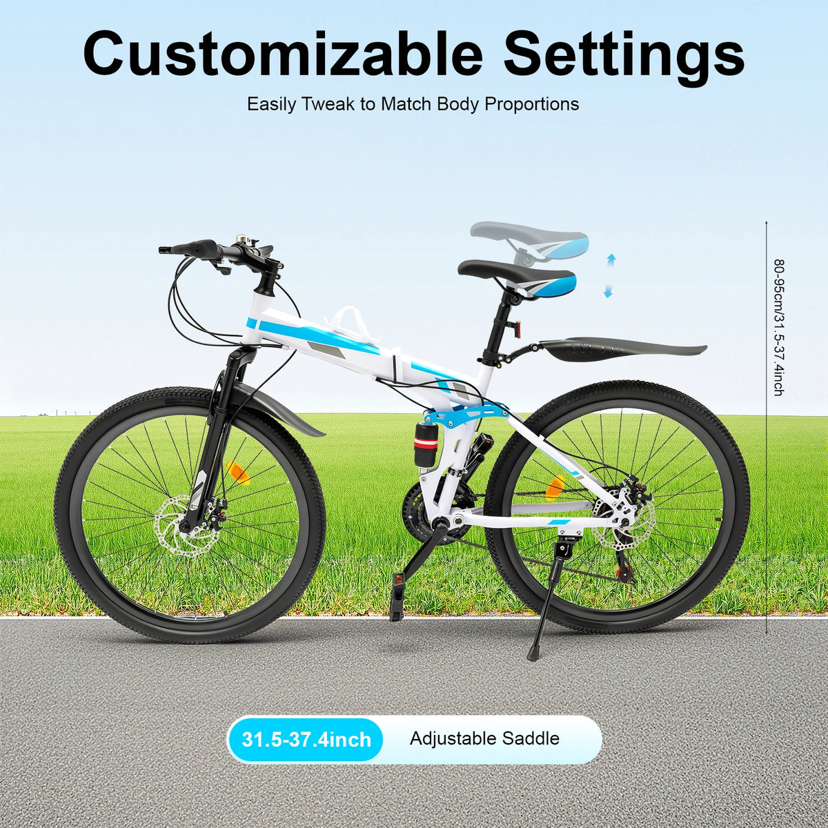 Mountain Bike, Folding Bicycle, Foldable Mountain Bike, 26 Inch 21 Speed High Carbon Steel, Double Disc Brake, Blue White, Easy Assembly, Shock Absorber, Anti-Rust Durable Frame, Outdoor Off-Road Commuter, Compact Storage, Me