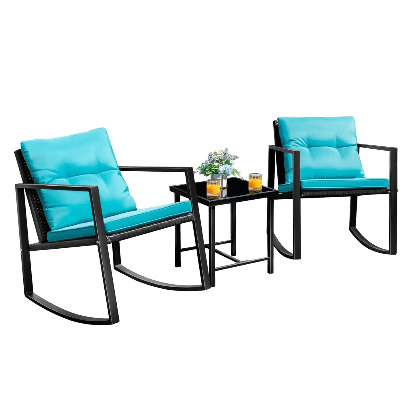 Patio Chairs 3 Piece Wicker Rocking Chair Outdoor Bistro Sets with Coffee Table and Cushions Metal Frame Patio, Customized