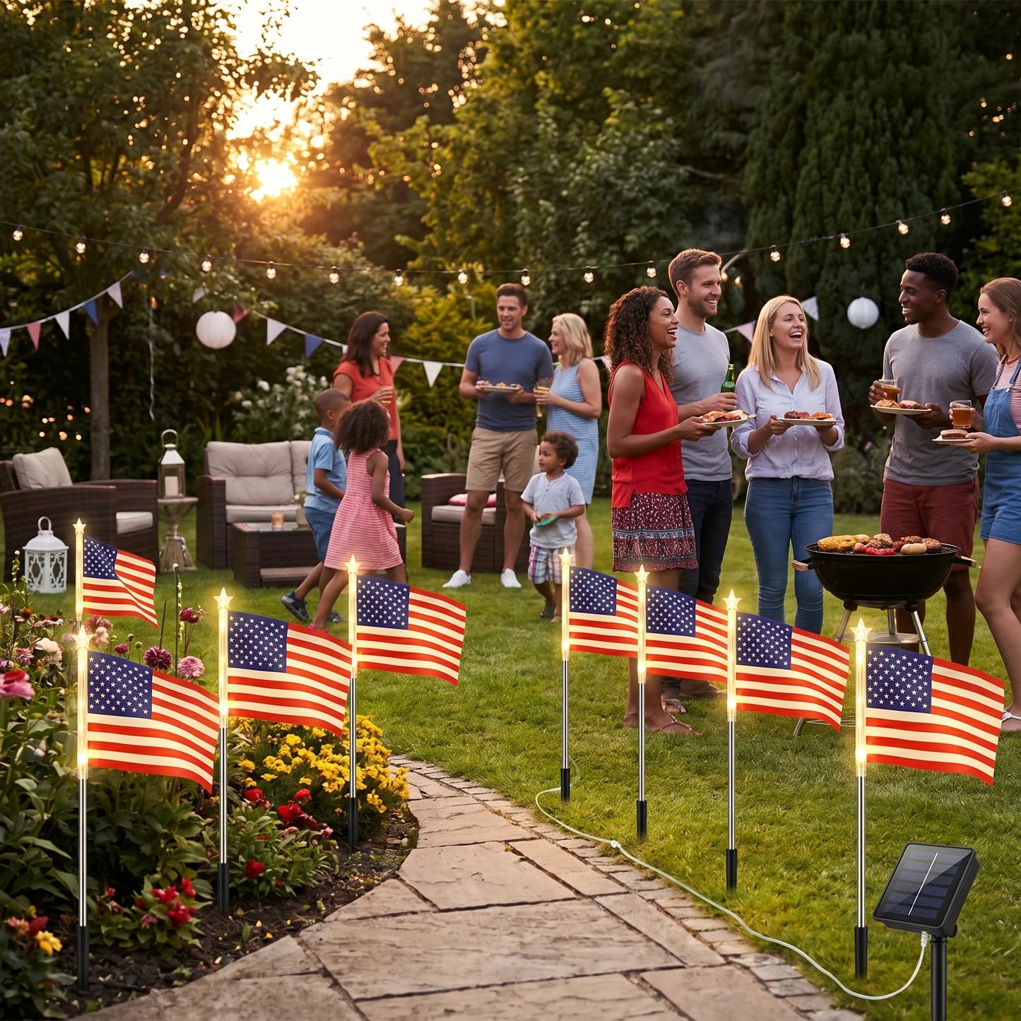 Solar US Flag Lights Red White Blue 8 Modes Independence Day Decor Solar Flag Lights American Flag Lights