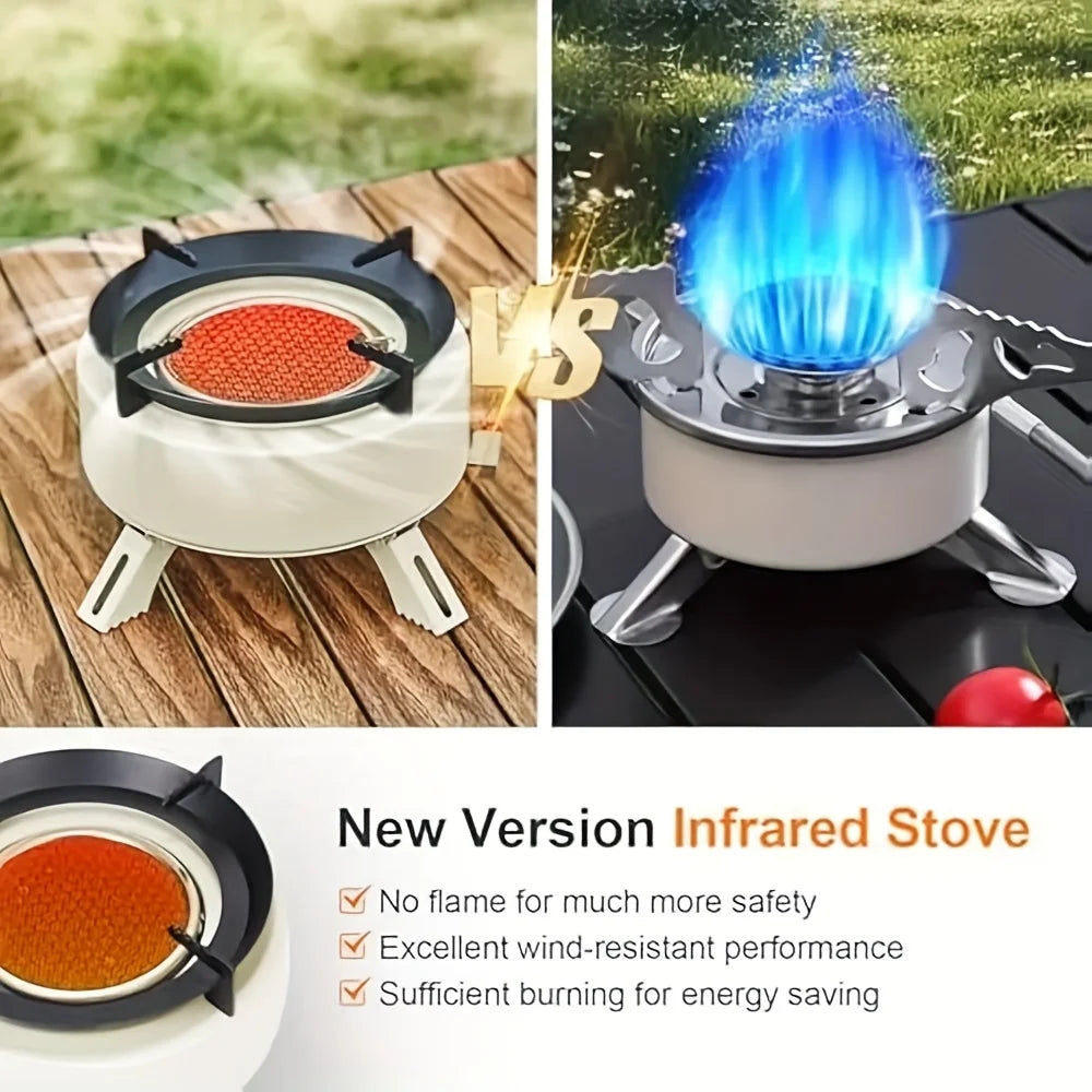 Portable outdoor burner cooking stove, camping backpack stove, with fuel canister adapter and piezoelectric igniter.