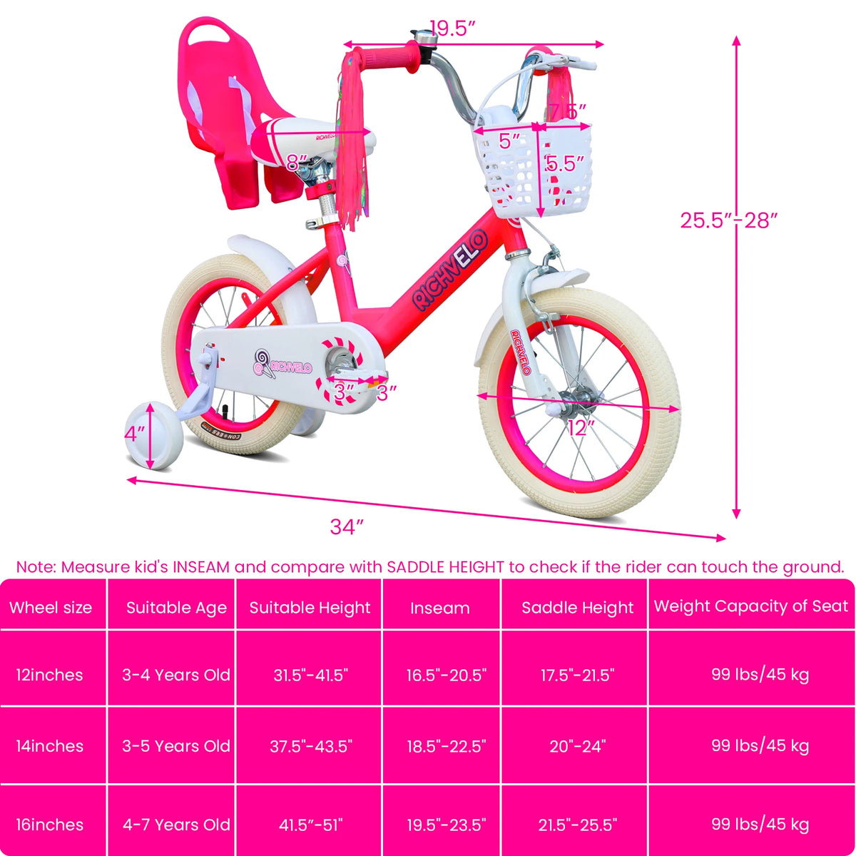 Kids Bike for Girls Ages 2-7 Years Old, 12 14 16 Inch Kids Bicycle with Training Wheels, Doll Seat, Streamers and Basket, Toddler Girl Bicycle with Coaster Brake and C-Brake, Birthday Gift