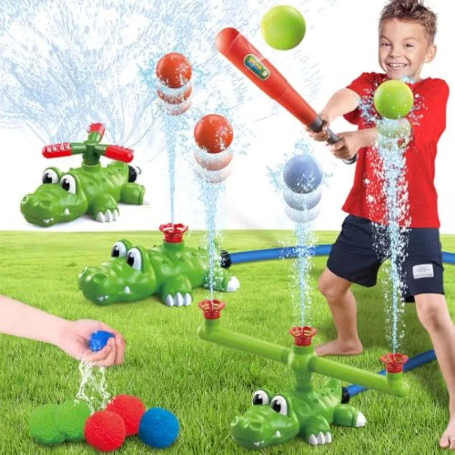 4-in-1 Water Sprinklers T Ball Set and Water Ball Toy, Crocodile Baseball Sprinkler for Backyard Outdoor Summer Toys for Boys G