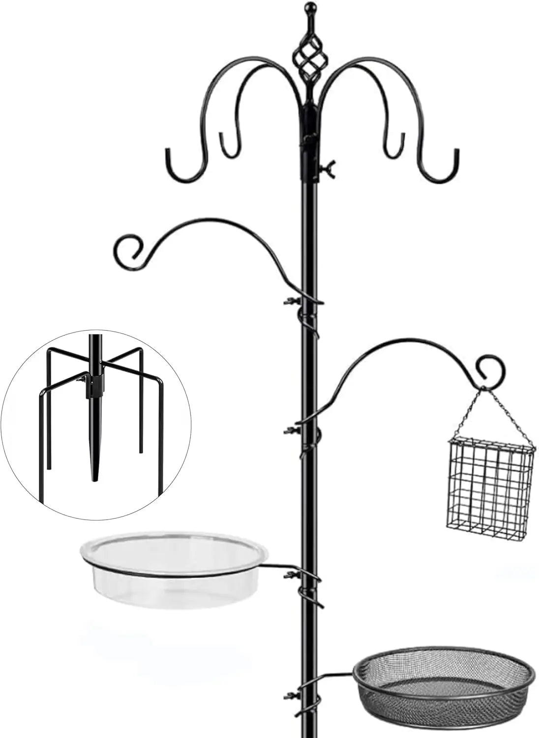 90.55in 6-Hook Bird Feeder Stand with Water Tray, Easy Assembly for Outdoor Gardens (Black)