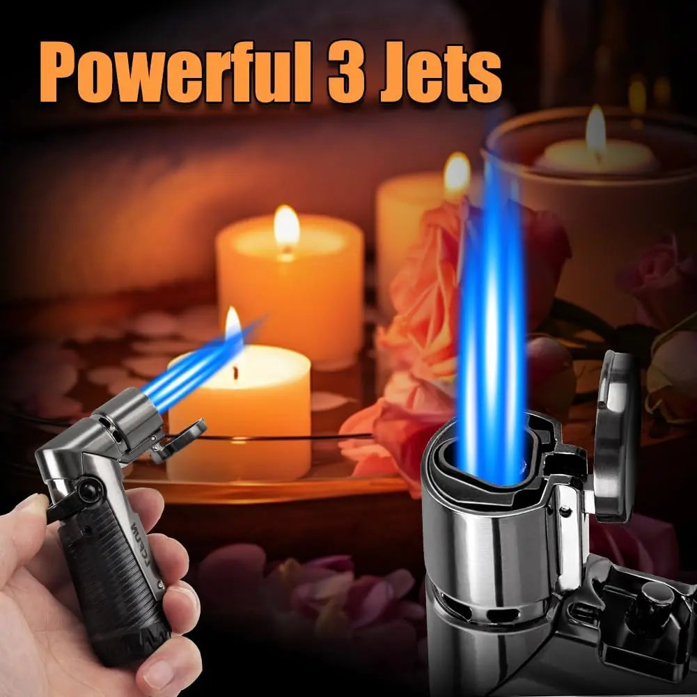 Windproof Triple Jet Flame Butane Lighter with Punch and Draw Enhancer, Refillable for Camping Hunting Gifts - No Butane