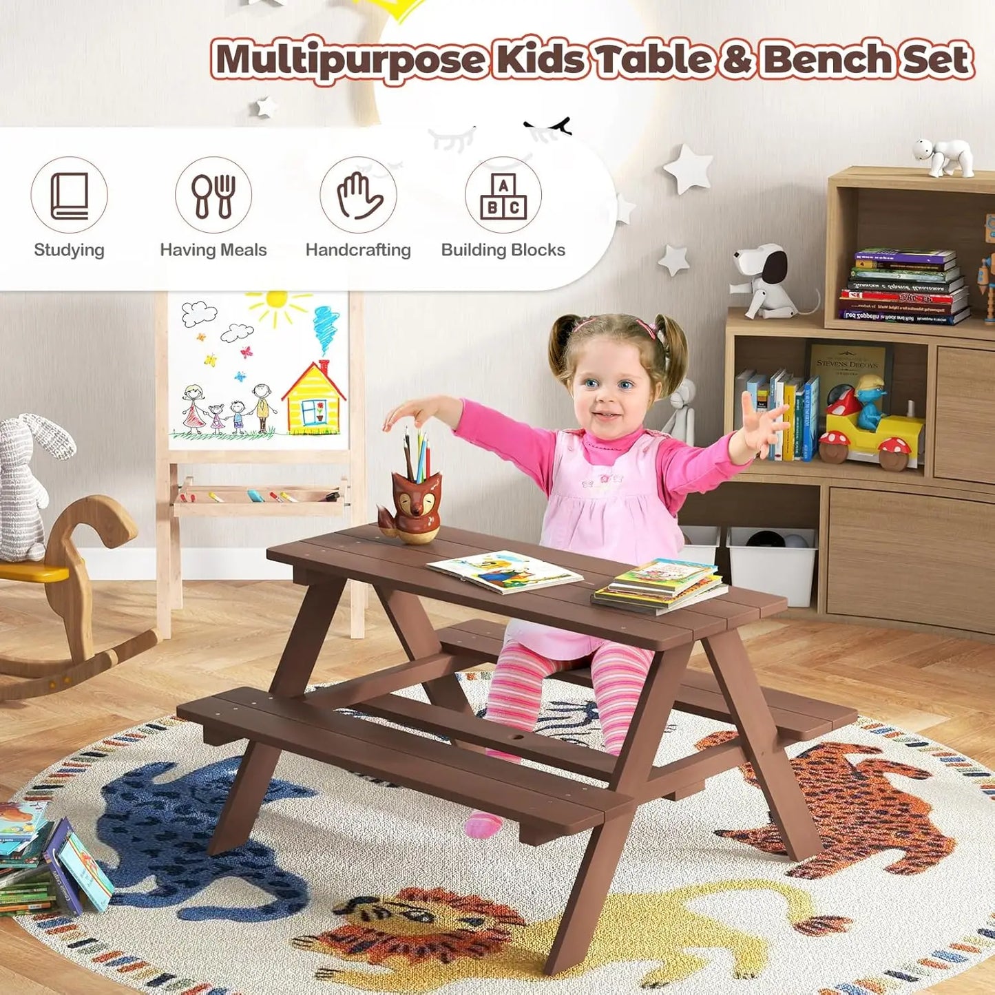 Wooden Kids Picnic Table & Bench Set with Umbrella Outdoor Patio Garden 214x107x48cm, Customized