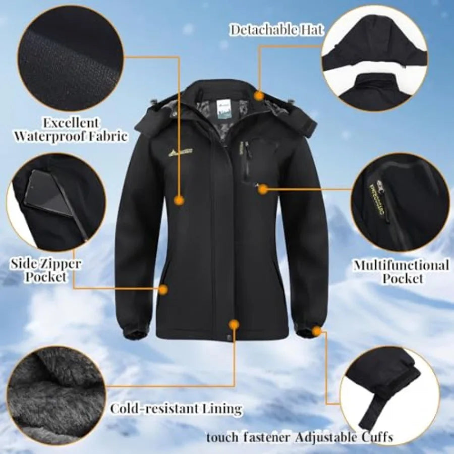 Geyoga Women's Waterproof Ski Jacket Winter Snow Coat Mountain Windbreaker Jacket with Ski Goggles Winter Gloves Waterproof