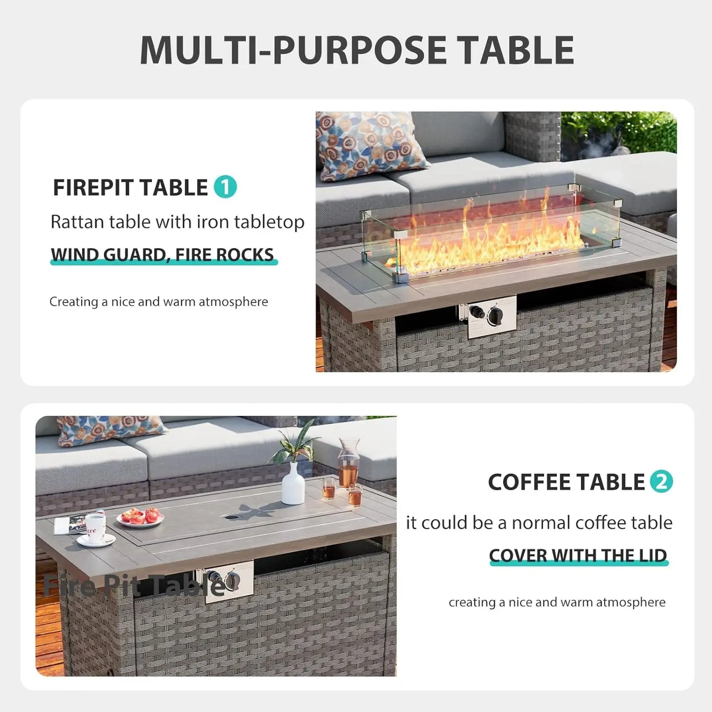 44" Fire Pit Table with Wind Guard, Auto-Ignition Propane Gas Firepits Rattan Rectangular Table for Outside Patio 60,000 BTU